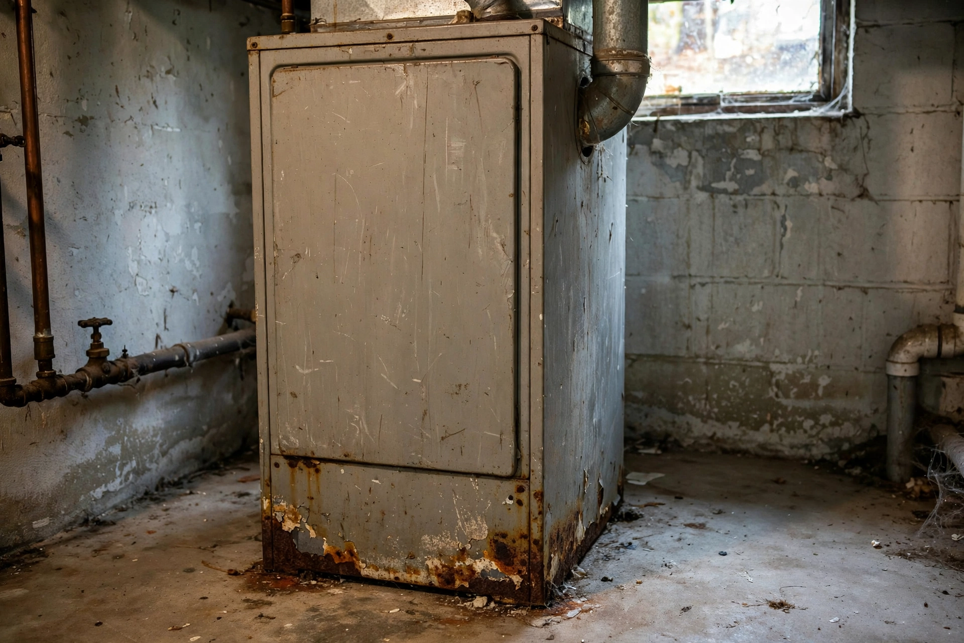 Worn furnace exterior with rust near the base