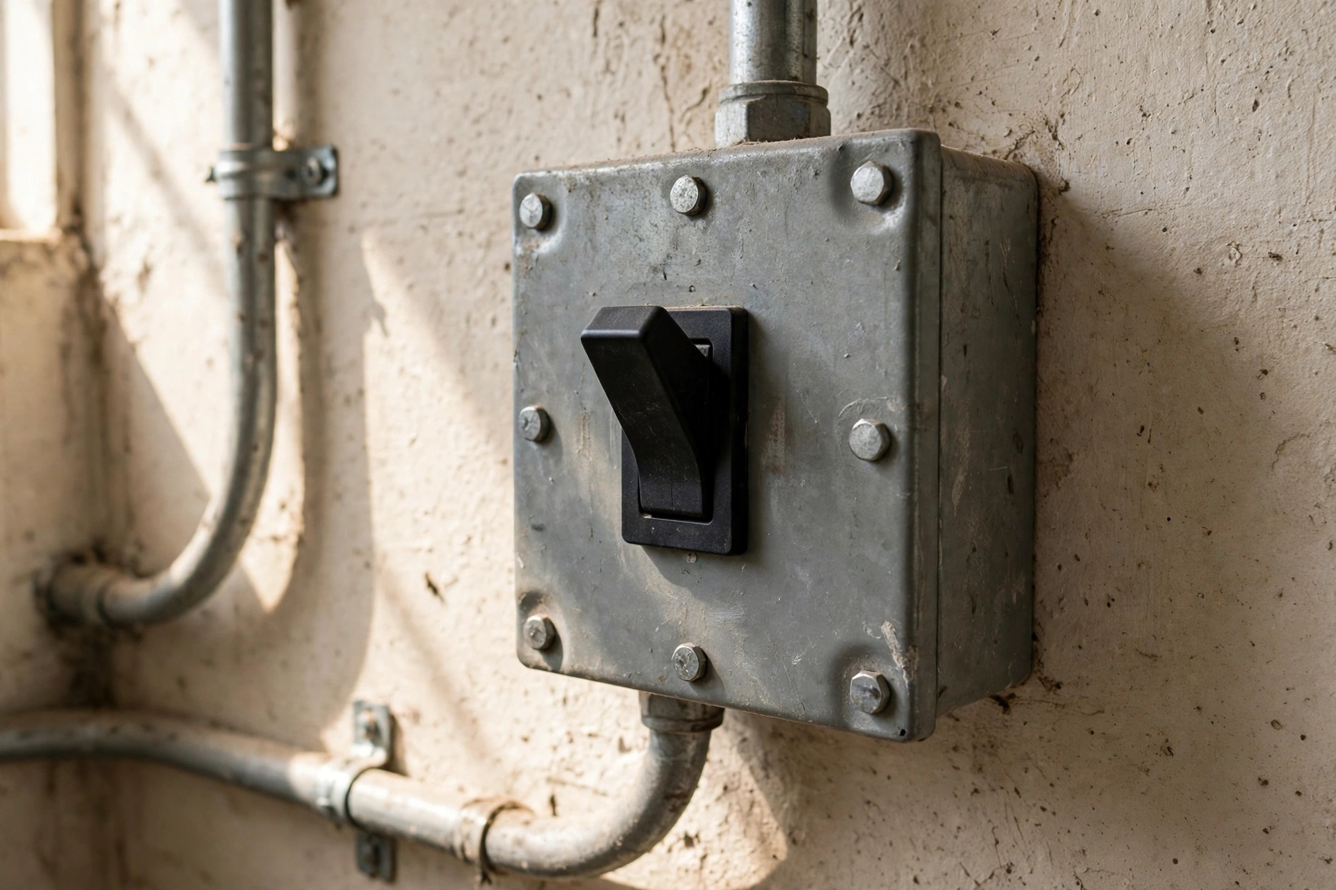 Furnace power switch on a utility room wall