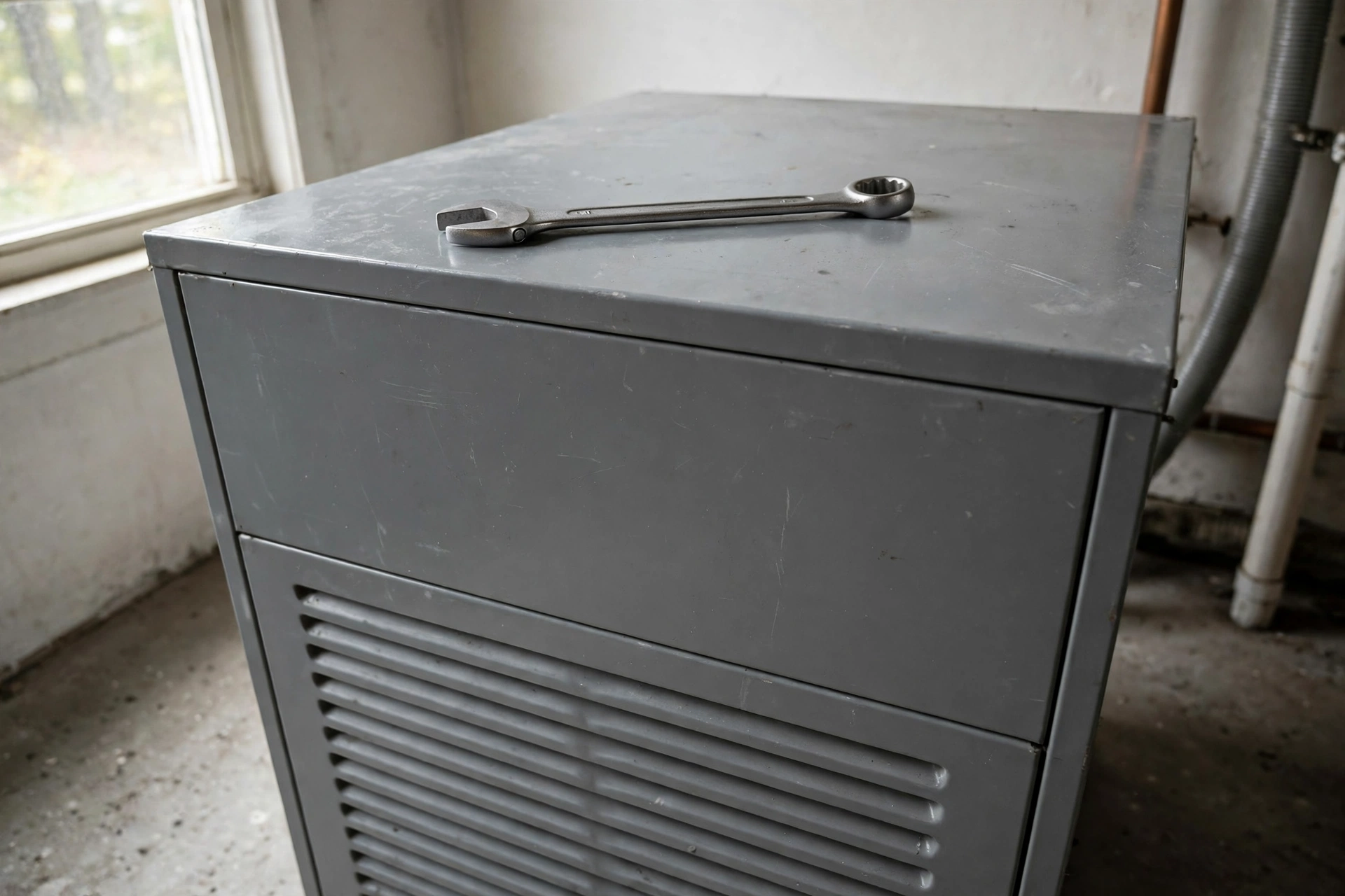 Combination wrench resting on a furnace cabinet