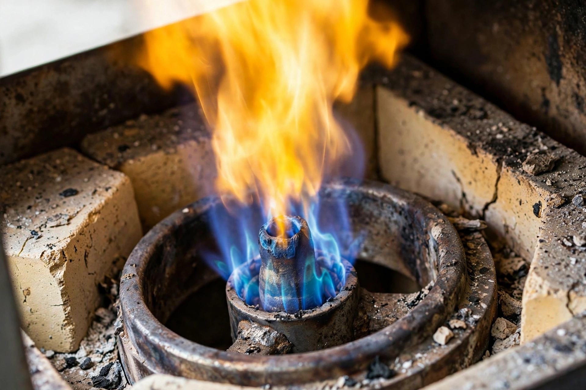 Yellow and blue gas flame inside a furnace burner