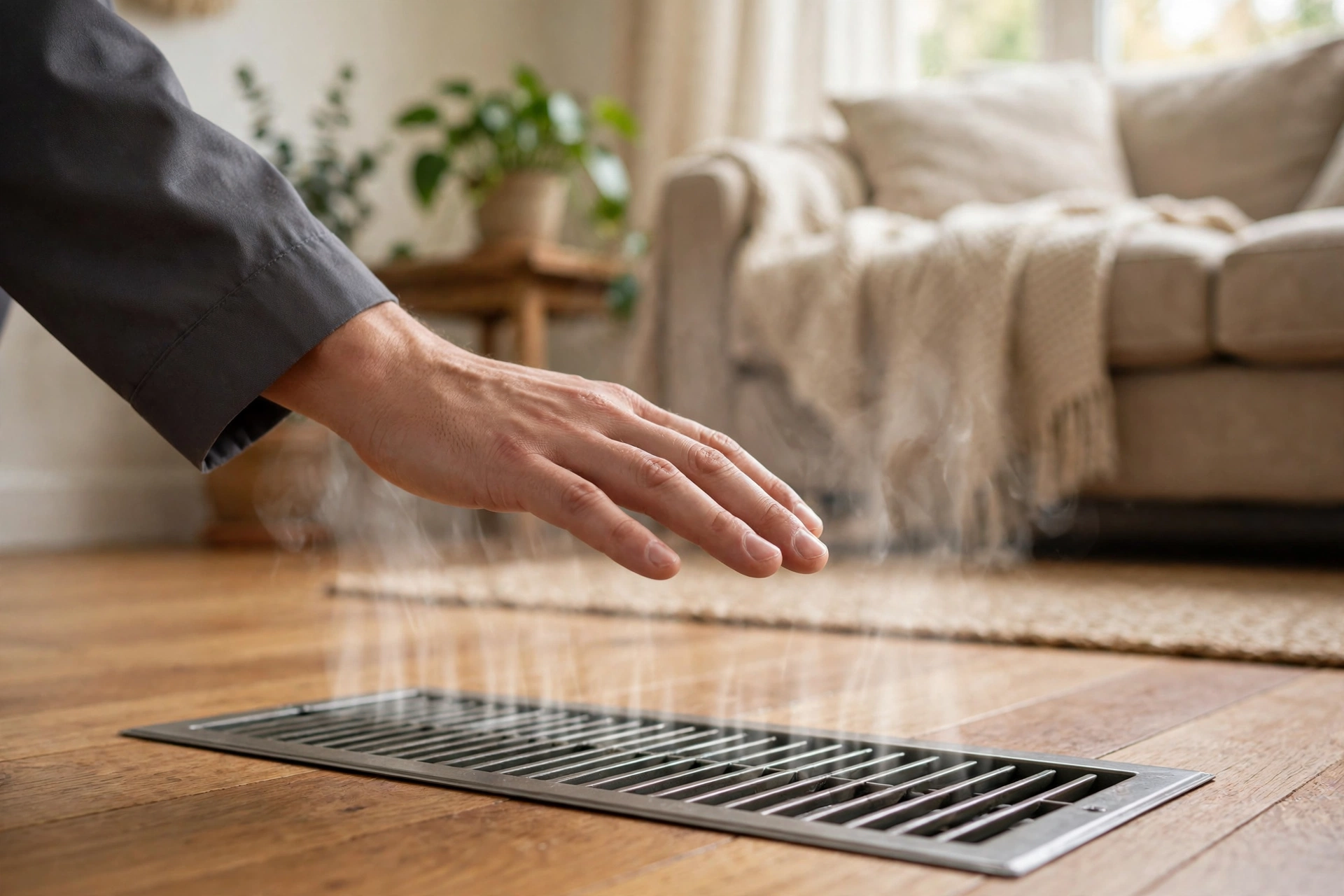 Hand feeling warm air at a floor heating register