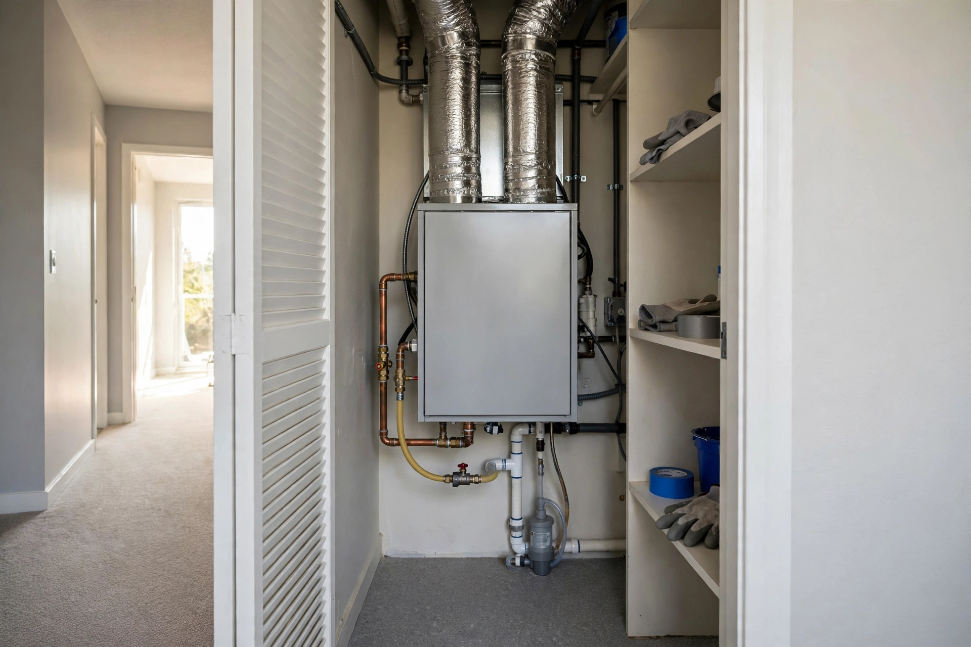 Technician servicing a furnace in a Chantilly Virginia home