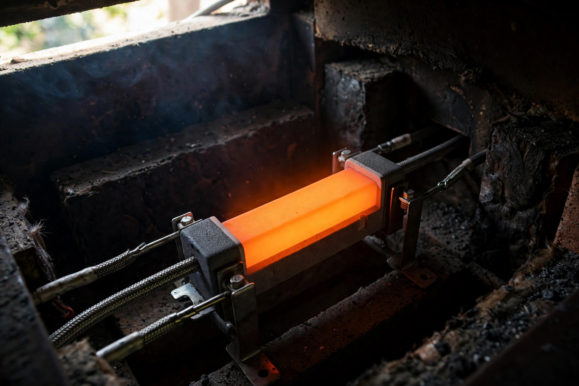 Hot surface igniter glowing orange inside a furnace