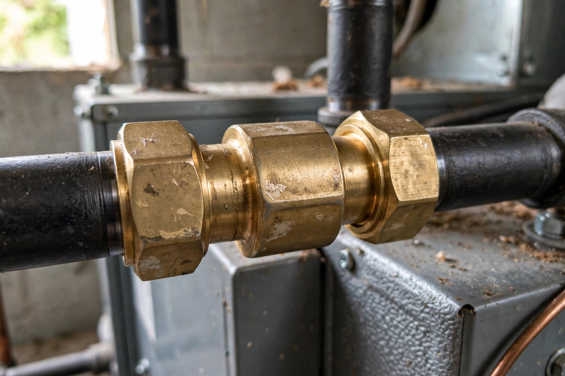 Brass gas line union fitting on a furnace