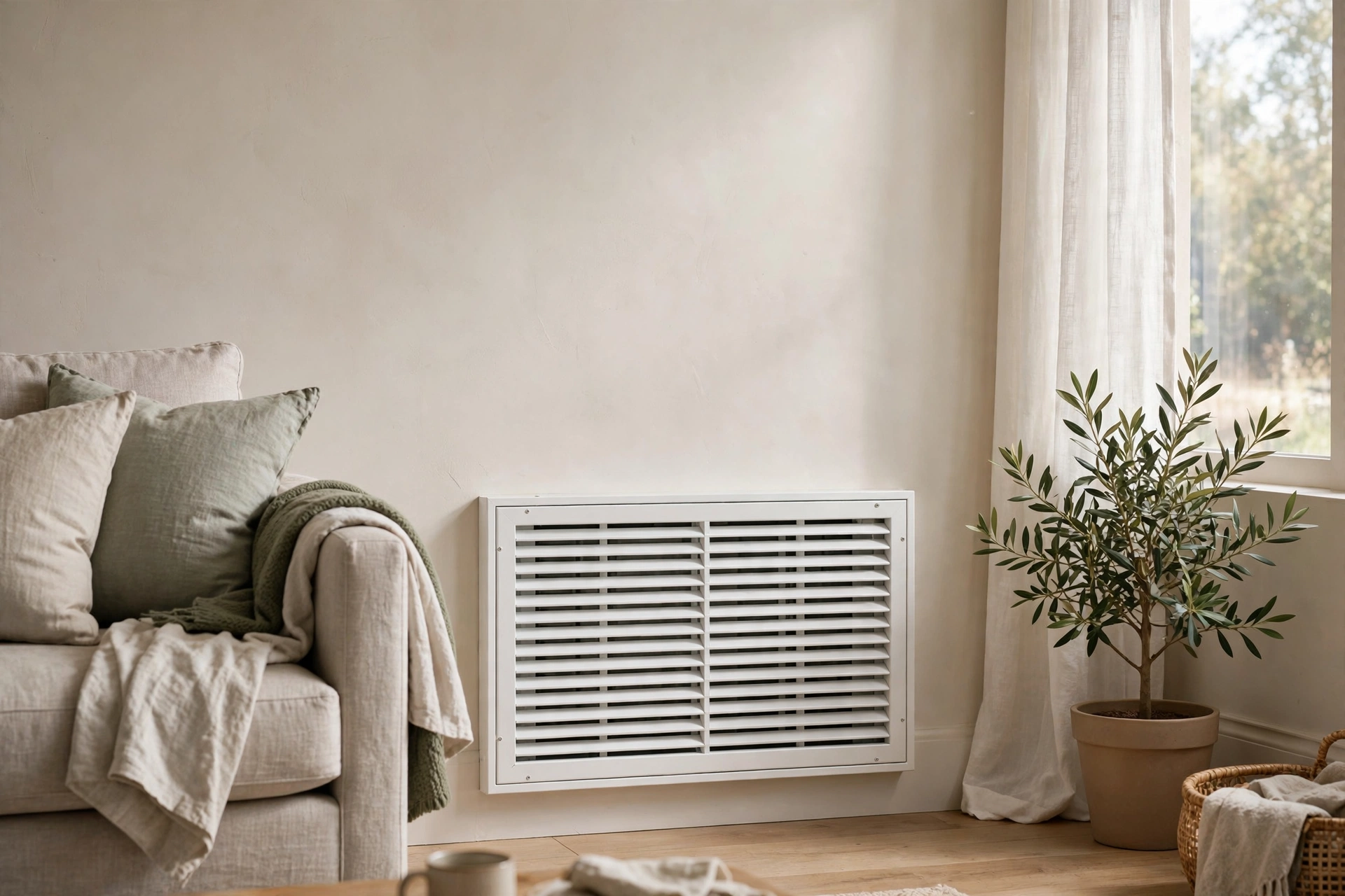 White return air grille on a living room wall