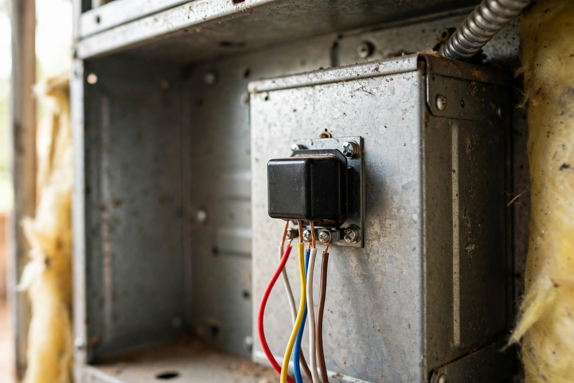 Small transformer with colored wires inside a furnace