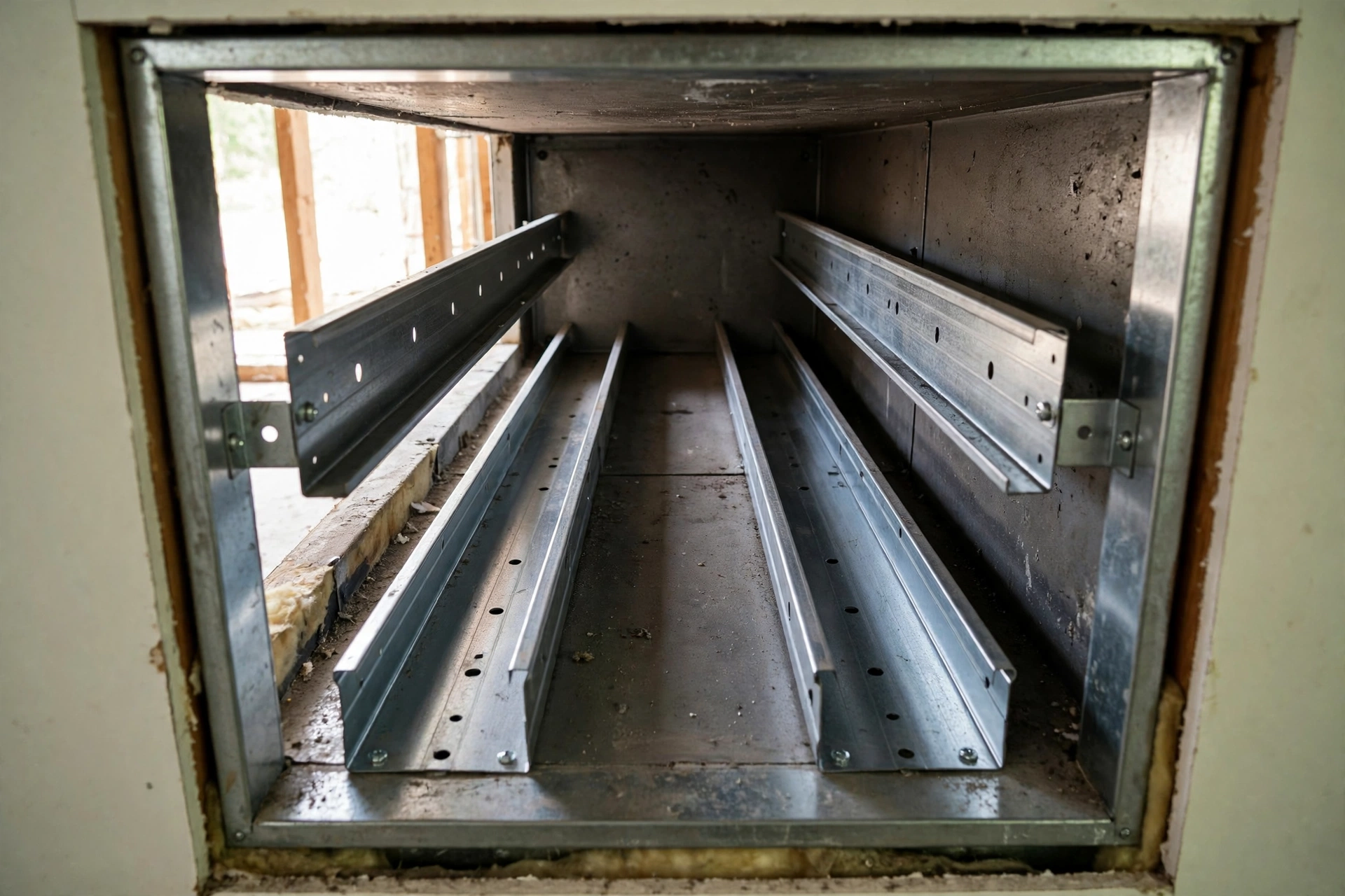 Empty metal filter rack rails inside a furnace return
