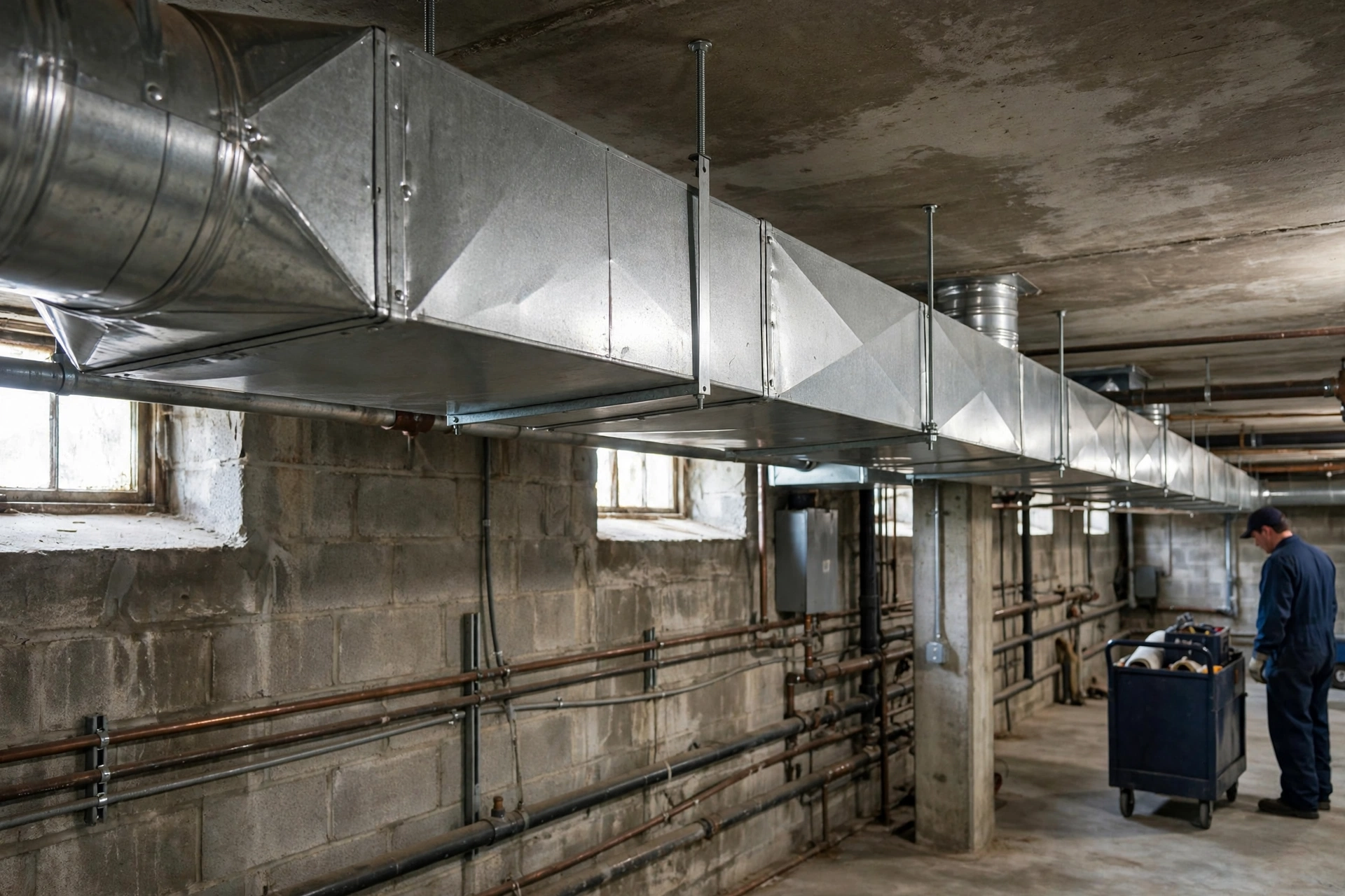 Metal supply trunk duct along a basement ceiling