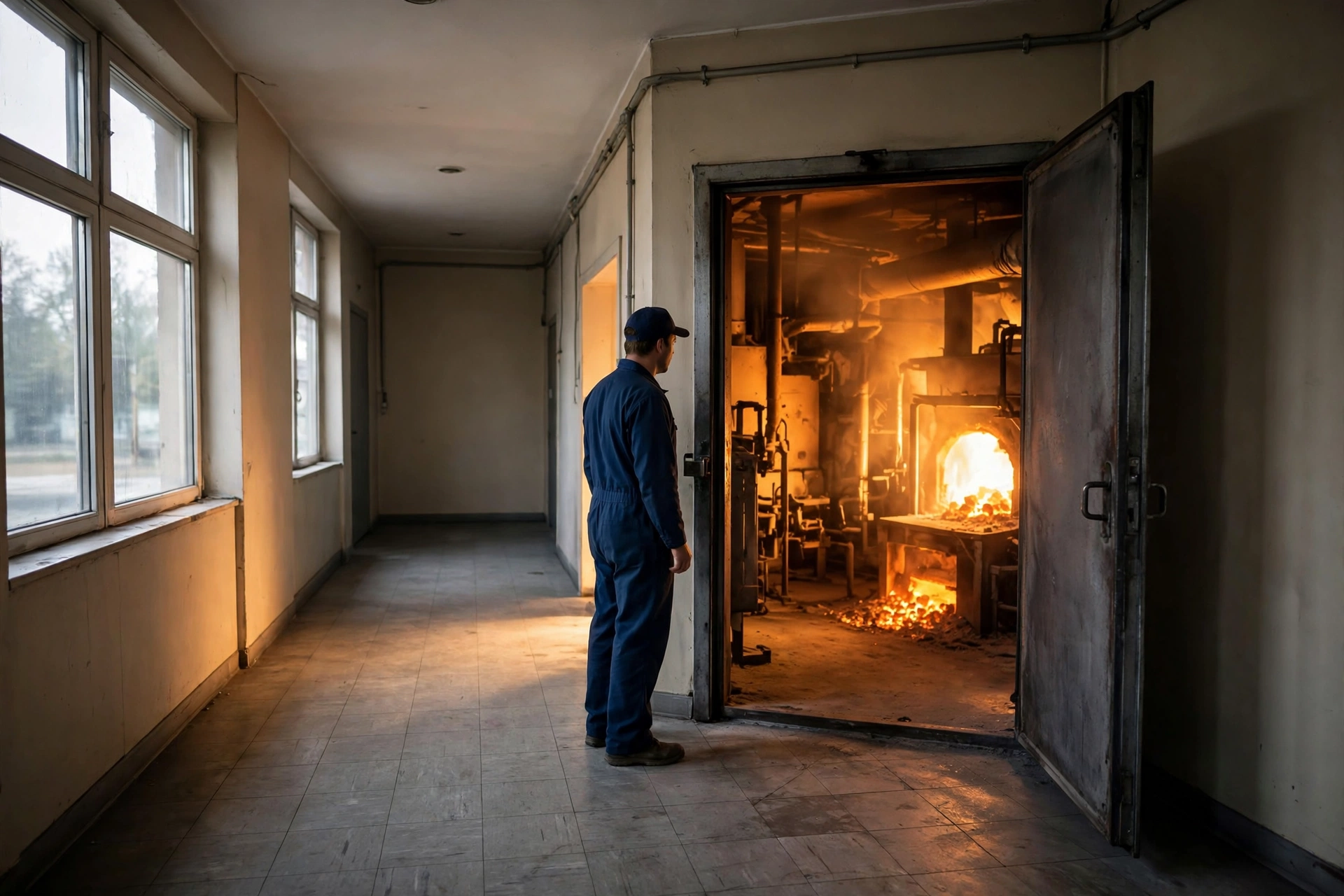 Furnace room door with warm light spilling out