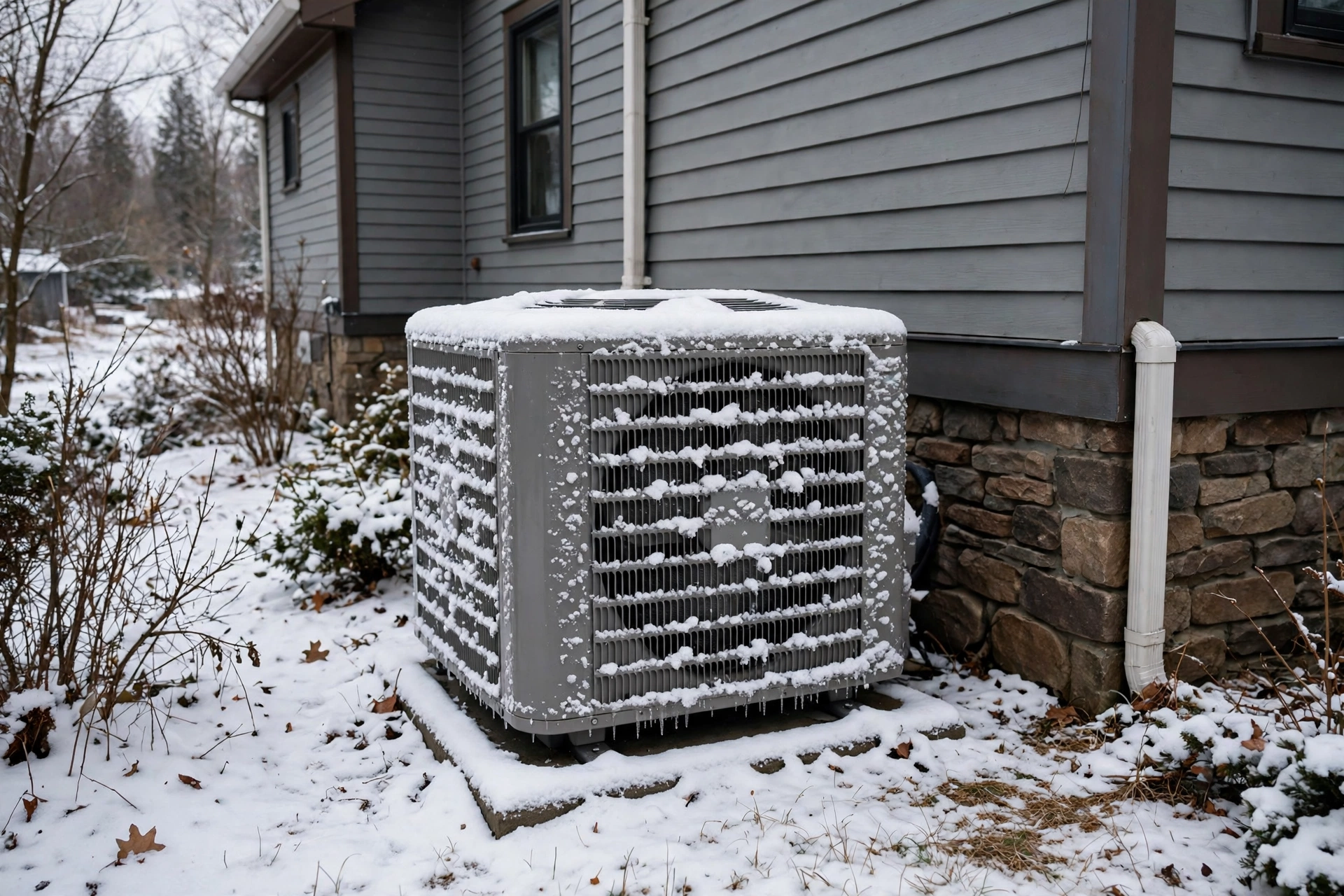 Outdoor heat pump unit covered in light snow