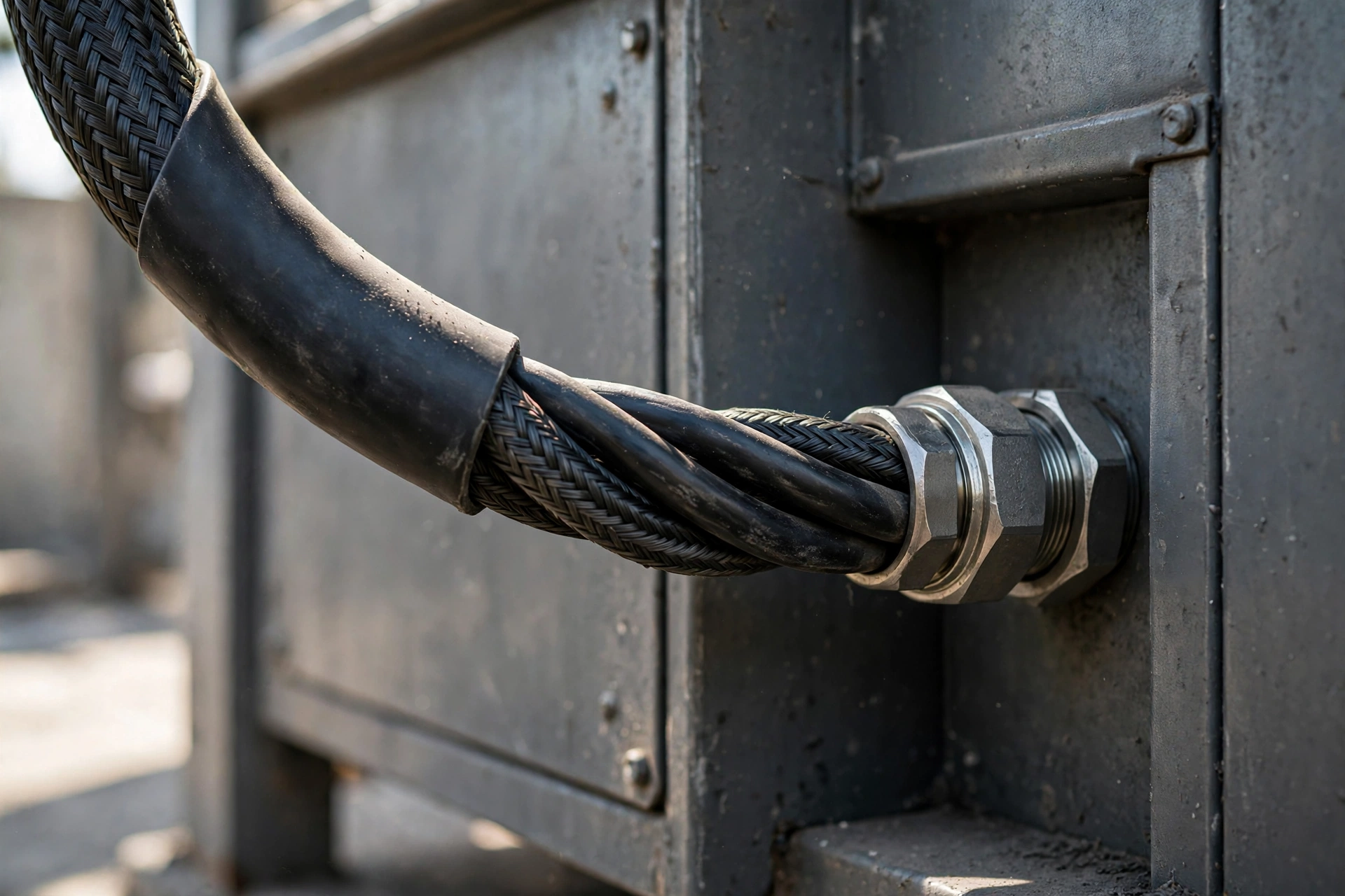Heavy electrical cable entering an electric furnace