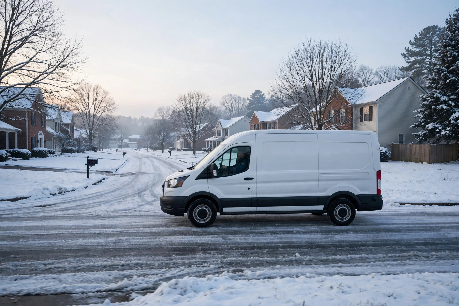 Plain service van on a snowy Manassas street at dawn