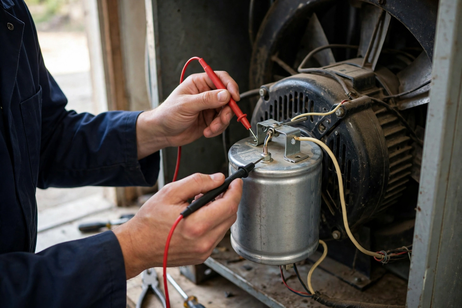 Multimeter testing a blower motor capacitor