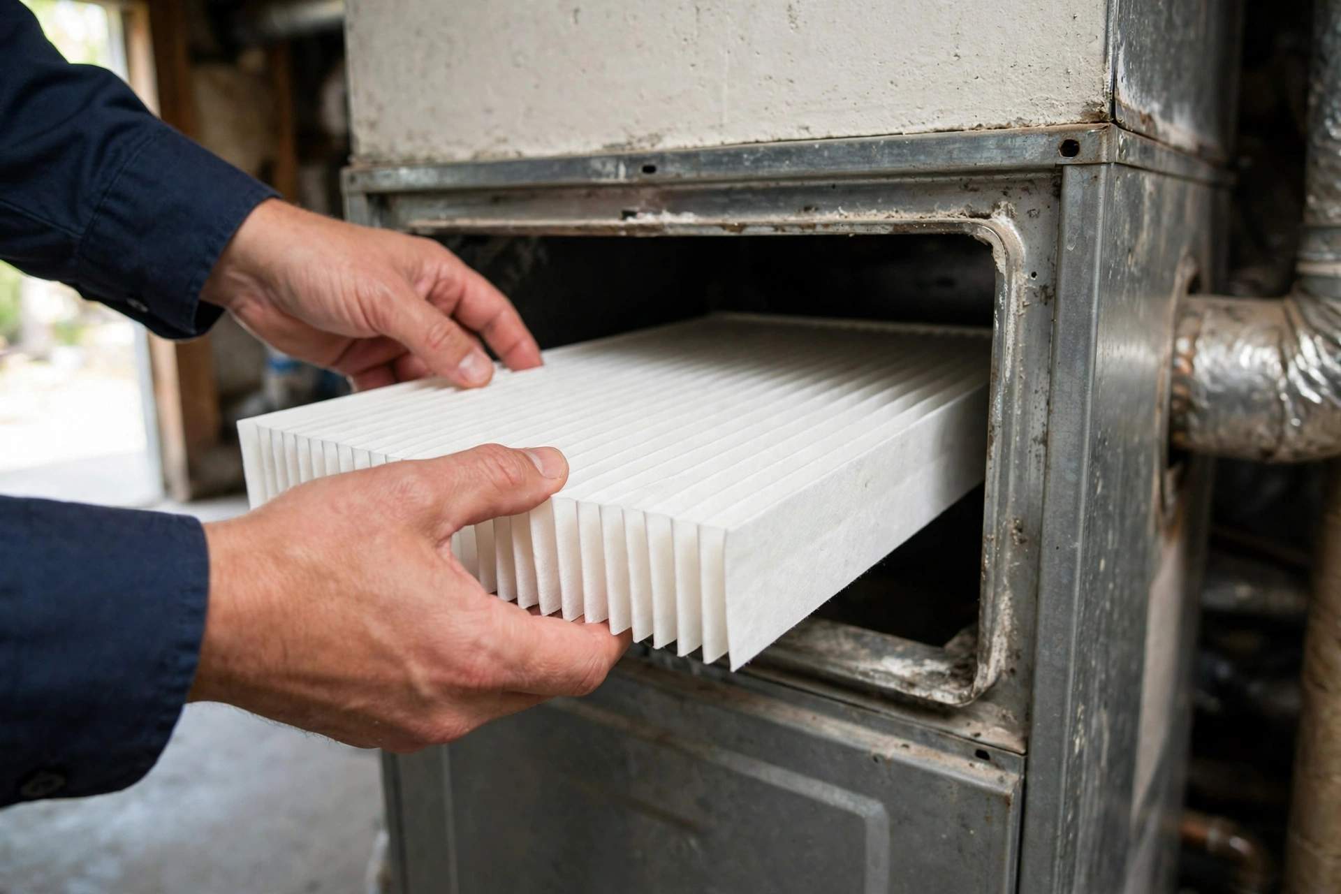Hands sliding a clean pleated filter into a furnace