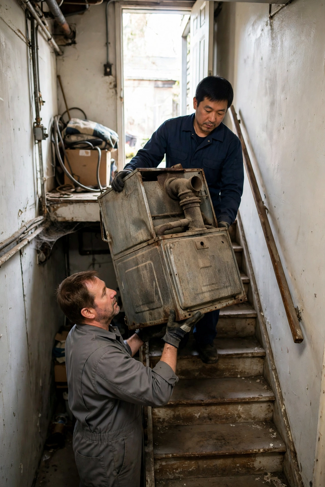 Technicians carrying an old furnace up basement stairs